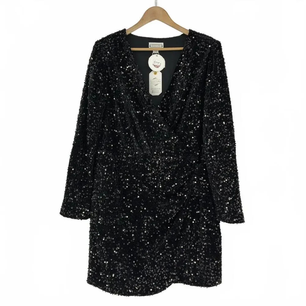 black sequin holiday dress Feeling Fun Black Sequin Wrap Dress
